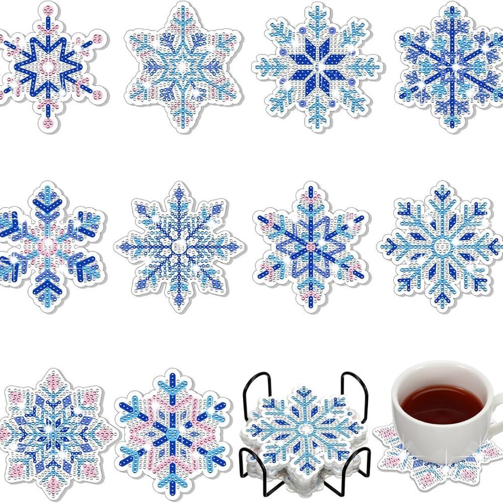 10 Pieces Snowflake 5d Diamond Painting Coasters Kits Winter Acrylic Snowflake D